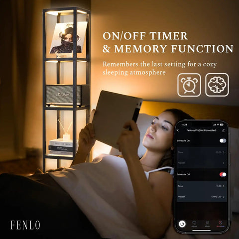 66 Inch Glass Dimmable LED Floor Lamp With Shelves For Bedroom And Living Room illuminating beside a woman using a tablet in bed