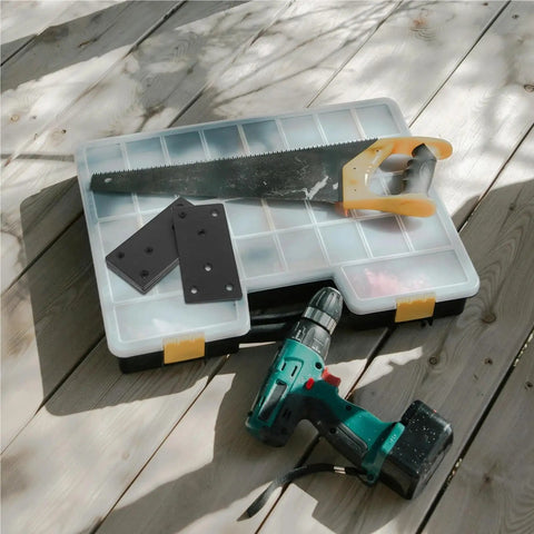 Heavy Duty Stainless Steel Mending Plates, Flat Metal Brackets For Quick Cabinet Fixing And Wood Repair, tools and brackets on a work surface.