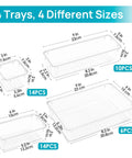 No Sweat 44 Piece Clear Plastic Drawer Organizers Set With Adjustable Vanity Trays For Bathroom Kitchen Office Craft Storage, showing sizes.