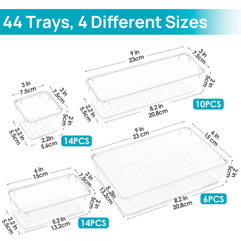 No Sweat 44 Piece Clear Plastic Drawer Organizers Set With Adjustable Vanity Trays For Bathroom Kitchen Office Craft Storage, showing sizes.