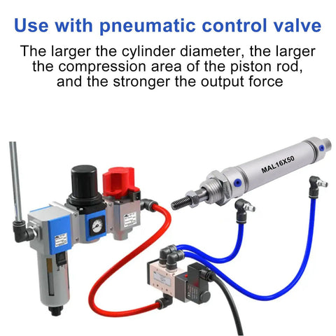 16mm Bore Pneumatic Cylinder With 50mm Stroke connected with Y connector and quick fittings for automation and precise linear motion