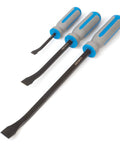 Three Piece Pry Bar Set With Angled Tips, 8, 12, And 17.5 Inch Heavy Duty Crow Bars, Go Through Striking Cap, Textured TPR Handles