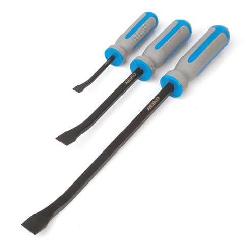 Three Piece Pry Bar Set With Angled Tips, 8, 12, And 17.5 Inch Heavy Duty Crow Bars, Go Through Striking Cap, Textured TPR Handles