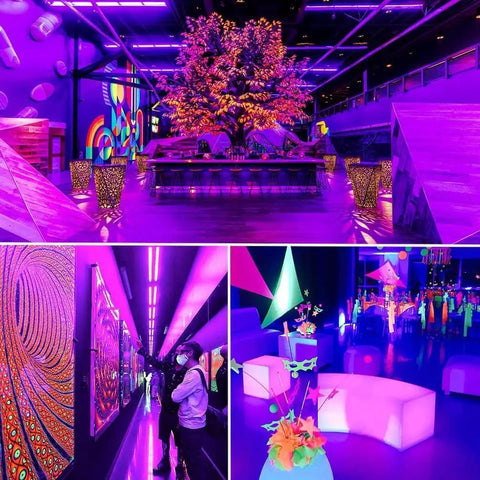 Room illuminated by 30W Black Light Bar With 30 LEDs Black Light Flood Light With Switch Plug And 5ft Cable Lights Up 20x20 Feet