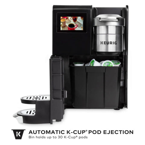 Office Boss Level Single Serve Coffee Maker With Plumbed Water Line, Brew Over Ice, five cup sizes, K-Cup pod bin