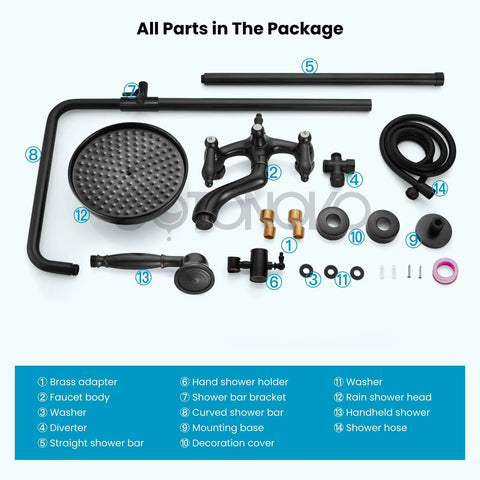 Oil Rubbed Bronze Wall Mount 8 Inch Round Shower Head Triple Function Exposed Pipe System with Brass Construction, parts layout
