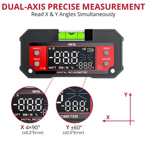 Heavy Duty Digital Angle Finder With Dual Axis Level And Quick Slope Checks Featuring Clear Led Screen showing dual-axis measurement.