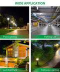 Outdoor lighting applications include post, parking lot, LED wall pack, and pathway lighting.