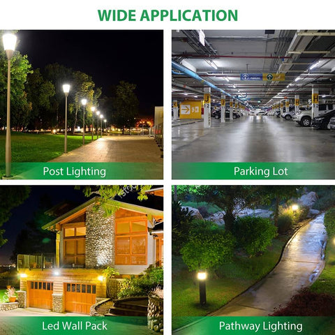 Outdoor lighting applications include post, parking lot, LED wall pack, and pathway lighting.