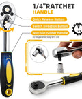 Close-up of 1/4 Inch Ratchet with quick release button from 46 Piece 1/4 Inch Ratchet Socket Set With Quick Release Ratchet Extension Bar And Storage Case Premium Metric Sockets From 4 To 14MM Built For Auto Repair Home Projects And DIY Fixes