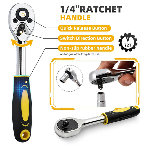 Close-up of 1/4 Inch Ratchet with quick release button from 46 Piece 1/4 Inch Ratchet Socket Set With Quick Release Ratchet Extension Bar And Storage Case Premium Metric Sockets From 4 To 14MM Built For Auto Repair Home Projects And DIY Fixes