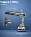 Cordless Handheld Car Dryer And Air Blower, 21V 10Ah Battery, lightweight design dimensions illustrated, with nozzle attachment