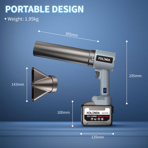 Cordless Handheld Car Dryer And Air Blower, 21V 10Ah Battery, lightweight design dimensions illustrated, with nozzle attachment