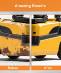 Forklift exterior two-panel before/after: left rusted, chipped yellow; right glossy, restored yellow.