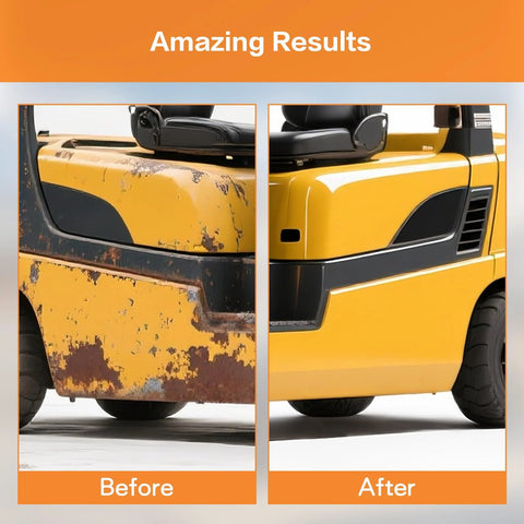 Forklift exterior two-panel before/after: left rusted, chipped yellow; right glossy, restored yellow.