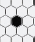 Glossy White 1-Inch Hex Porcelain Mosaic Tile With Black Dot For Floor And Wall Use Slick Mesh Mounted, close-up view