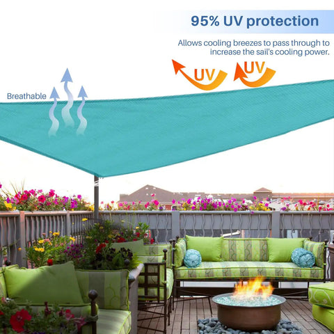 Equilateral Triangle Sun Shade Sail 8 Ft by 8 Ft by 8 Ft For Patio Backyard Garden Outdoor Living UV Block Breathable Fade Resistant Canopy Shade Cover Turquoise installed over patio