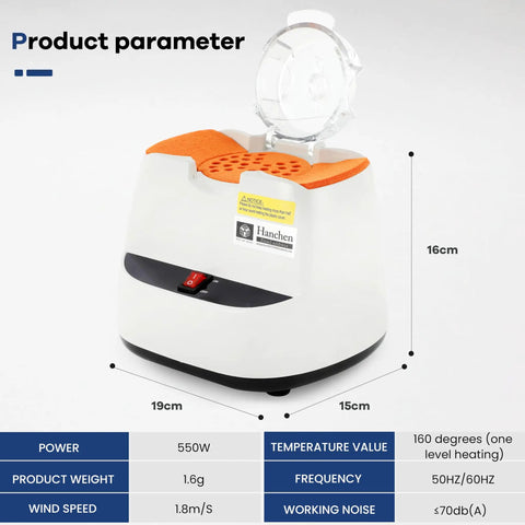 Pro Grade Optical Frame Warmer Equipped With Ceramic Hot Air System For Eyewear Frames showing a compact 550W device with orange heating pad.