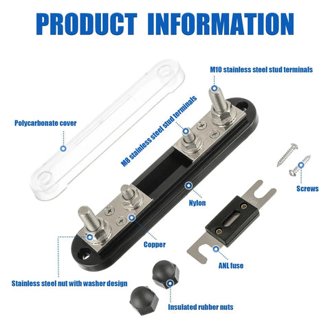 Rock Solid ANL Fuse Holder Block With Two 350A Fuses Power Distribution Terminal showing nylon housing and stainless steel terminals.