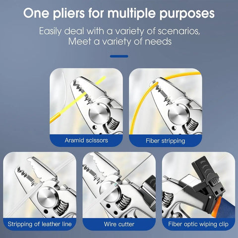 8 In 1 Fiber Optic Stripper Tool For FTTH Telecom Wires All In One Workhorse Cable Stripping Cutter For 2mm By 3mm Regular Fiber And 1.6mm By 2.1mm 5G Fiber Lightweight Durable Pliers, shown cutting and stripping fiber