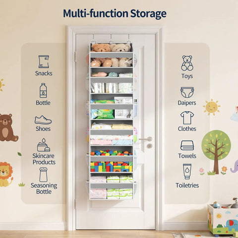 Game Changing Over The Door Organizer With Six Hella Roomy Clear Pockets For Sneakers Accessories And Daily Gear Heavy Duty Hanging Closet Rack To Declutter Any Tight Room Today with various items organized.