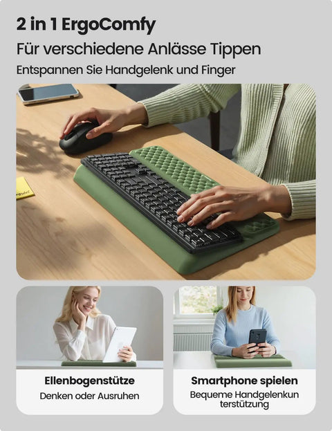Person using All In One Ergonomic Keyboard Stand With Built In Wrist Rest And Memory Foam Pad No Slip Desk Cushion at home desk