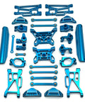 Heavy Duty Aluminum Alloy 1/10 Scale RC Car Suspension Upgrade Kit Featuring Front Rear Swing Arms Steering Cups Hub Carriers Link Rods And Shock Tower Set For Rock Solid Grip And Total Trail Domination Blue, showcasing all blue aluminum components.