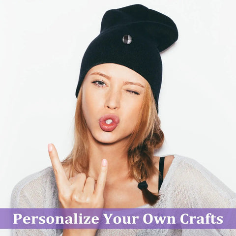 Person wearing a hat with a personalized button from 100 Pack DIY Button Kit With Wire Backs And Tools, Self Cover Fabric Buttons Size 24