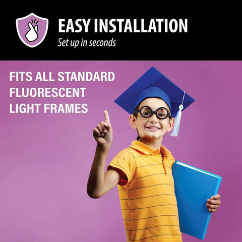 Child holding book under Milky Way Magnetic Fluorescent Light Covers for Ceiling Lights 2 by 4 Feet, showing easy installation.