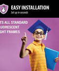 Smiling child holding book, pointing up; promotes Fluorescent Light Covers For Ceiling Lights 4 Pack Magnetic 2x4 Ft Glare Reduction.