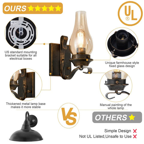 Retro Rustic Oil Rubbed Bronze Plug In Wall Sconce Set Of 2 With Amber Glass, Kerosene Lamp Style, US standard bracket and UL listed