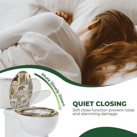 Elongated Resin Toilet Seat for Cabin Bathrooms with soft close feature, shown in a bathroom with a tranquil setting.