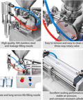 Heavy Duty Semi Automatic Liquid And Paste Filling Machine With Zero Hassle Foot Pedal Switch For Cooking Oils Creams Lotions And Honey Precision Pneumatic Piston Dispenser 20 To 300 Ml filling nozzle and valve with clear bottles.