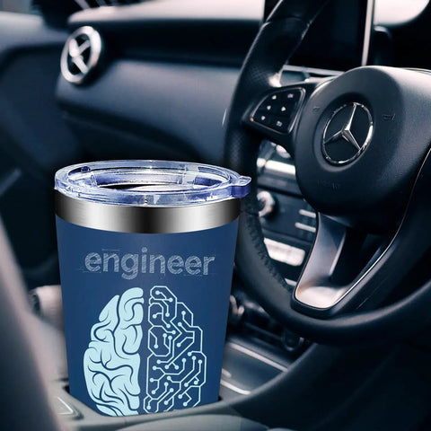 20oz Vacuum Insulated Tumbler For Engineers Mechanical Civil And Aerospace Pros Graduation Gift Or Retirement Present That Delivers Smiles A Practical Gear For Men Who Love Science And Gadgets in car interior with brain graphic.