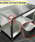 Solid As A Rock Stainless Steel Workbench With Dual Tier Shelves Smooth Rounded Edges showing the rounded corners design and sturdy frame.