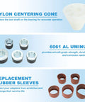 BTSHUB universal cam bearing tool set: nylon centering cone, six metal bushings, replacement brown rubber sleeves