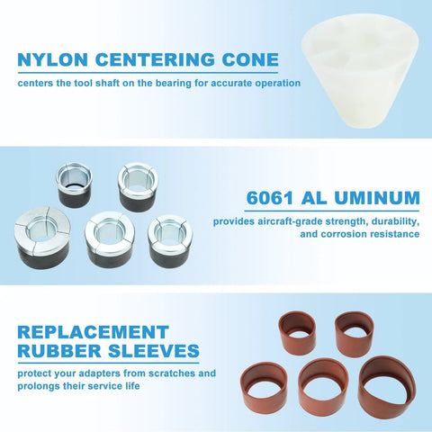 BTSHUB universal cam bearing tool set: nylon centering cone, six metal bushings, replacement brown rubber sleeves