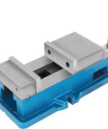 Heavy Duty 5 Inch Super Lock Bench Vise For CNC Machining And Garage Tables Built Like A Tank From Gray Cast Iron, angled view showing stainless steel jaws.