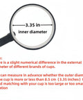 Top view of black No Slip 20 Oz Tumbler Handle For Vacuum Insulated Mugs showing 3.35 in interior diameter and related size instructions.
