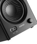 Close-up of MR4 Powered Studio Monitor Speaker front panel with volume knob and input jacks in black for home studio use.