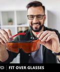 Top Tier Laser Safety Glasses Serving Kick Ass Dual Wavelength Eye Protection For 532 And 1064 Nanometers shown being held by a man.