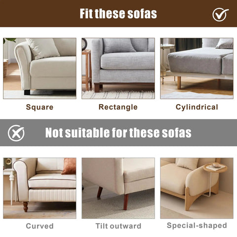 Image showing suitable and not suitable sofas for Adjustable 3 By 132 Inch Under Couch Blocker And Bed Gap Stopper.