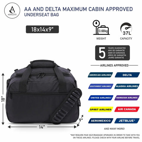 Max Size Carry On Duffle Bag For Air Travel, Lightweight Personal Item, 18 By 14 By 9 Inches, 37L, Foldable Under Seat Cabin Bag