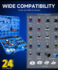 Boss Grade 34 Piece Coolant Pressure Tester Kit With Vacuum Refill Pump Plus Universal Radiator Adapters showing 24 adapters in blue carrying case.