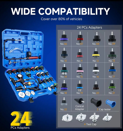 Boss Grade 34 Piece Coolant Pressure Tester Kit With Vacuum Refill Pump Plus Universal Radiator Adapters showing 24 adapters in blue carrying case.