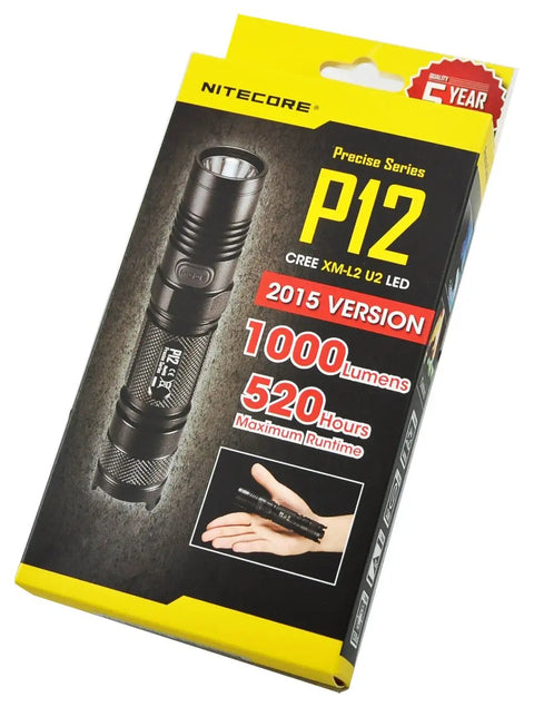 Packaging of P12 2015 Version 1000 Lumens Tactical Flashlight with CREE XM L2 U2 LED in yellow and black, showcasing features like 520 hours runtime.