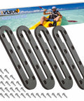 Low Profile Kayak Track Rail System For Universal Mounts With Rock Solid Nylon And 304 Stainless Steel Build, Fits Fishing Rod Holders, Cup Holders, Paddle Holders, Anchors, Fish Finders, And More Kayak Accessories. Four black kayak track rails with stainless screws