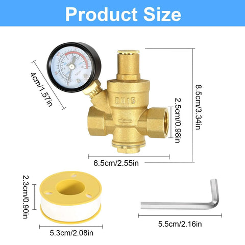 Amazon brass water pressure regulator with gauge (1/2 in), plus tape roll and L-shaped Allen wrench