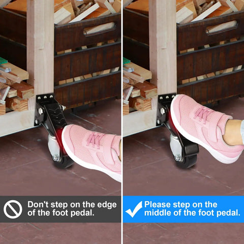 Badass Heavy Duty Workbench Casters Set Of Four showing foot pedal usage instructions for proper caster engagement.