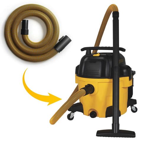 One Seven Eighth Inch Seven Foot Shop Vac Hose For Dewalt Wet Dry Vacuum Six To Ten Gallon Models DXVA19 2500 attached to vac